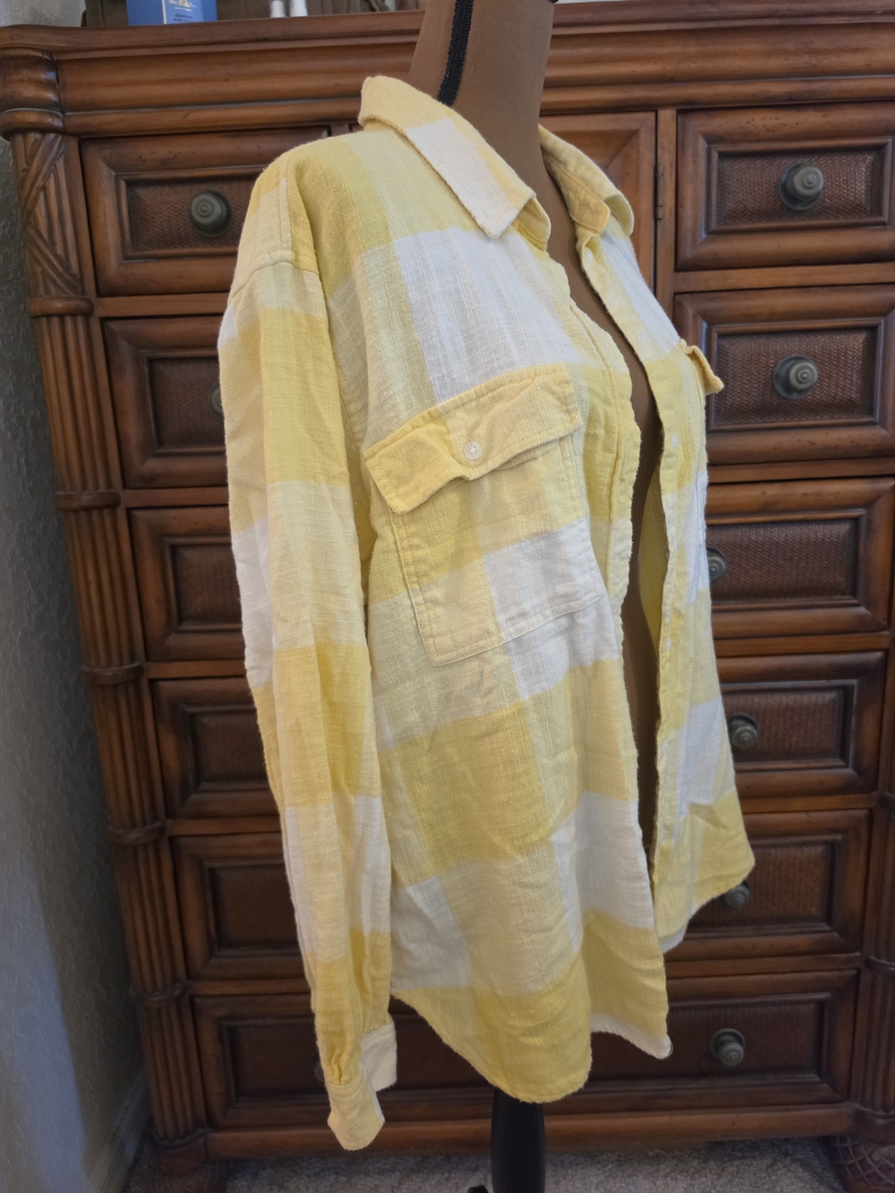 Butter Yellow White Plaid Flannel Oversized Boyfriend Button Up 90s Top L